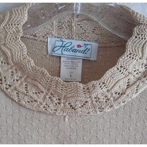 Haband Sweater Women Large Beige Pullover Knit Lace Detail Neck Sleeve Vtg - Picture 10 of 10